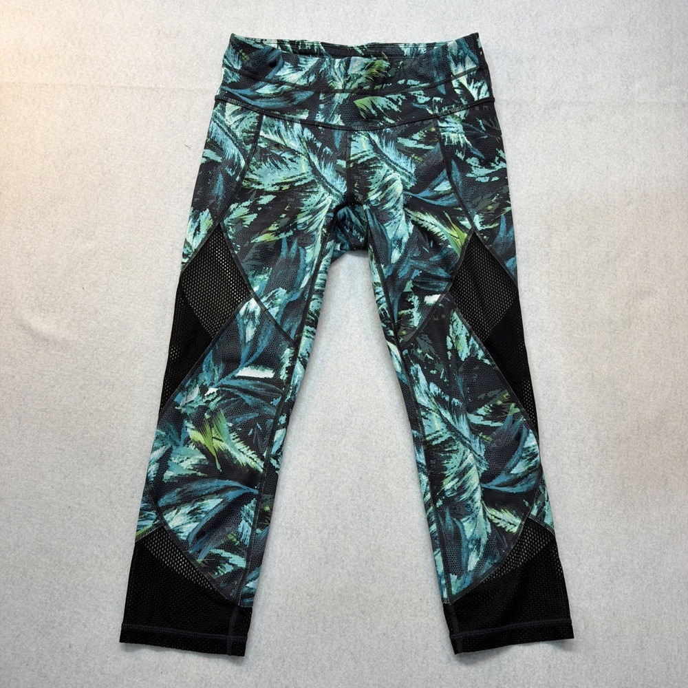 Athleta Napali Mesh Sonar Capri Leggings Womens Small Blue Green Tropical Palm.